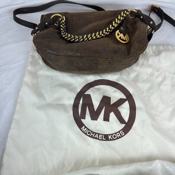 Michael Kors Tristan Mocha Satchel/Crossbody Suede Leather Snakeskin Gold Plated - Picture 2 of 16